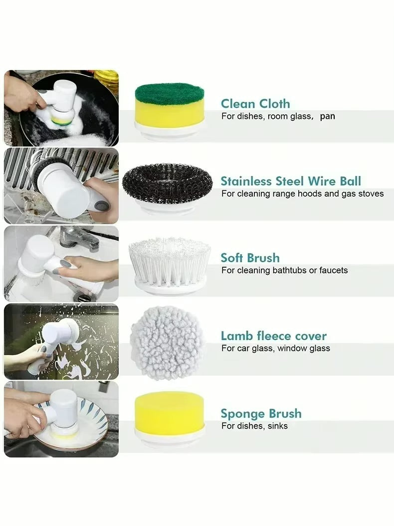 Cordless Electric Spin Scrubber with 5 Replaceable Brush Heads – Waterproof Cleaning Brush for Kitchen & Bathroom